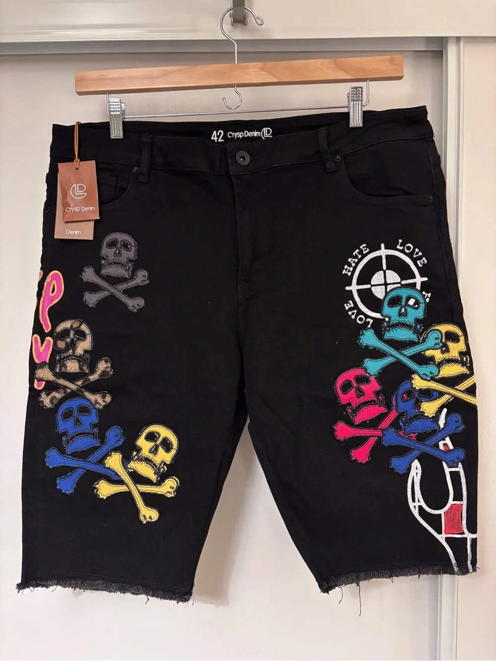 Crysp Denim Y2K Black Jorts Size 42 Ethmoid Skull Patch Jean Shorts Streetwear